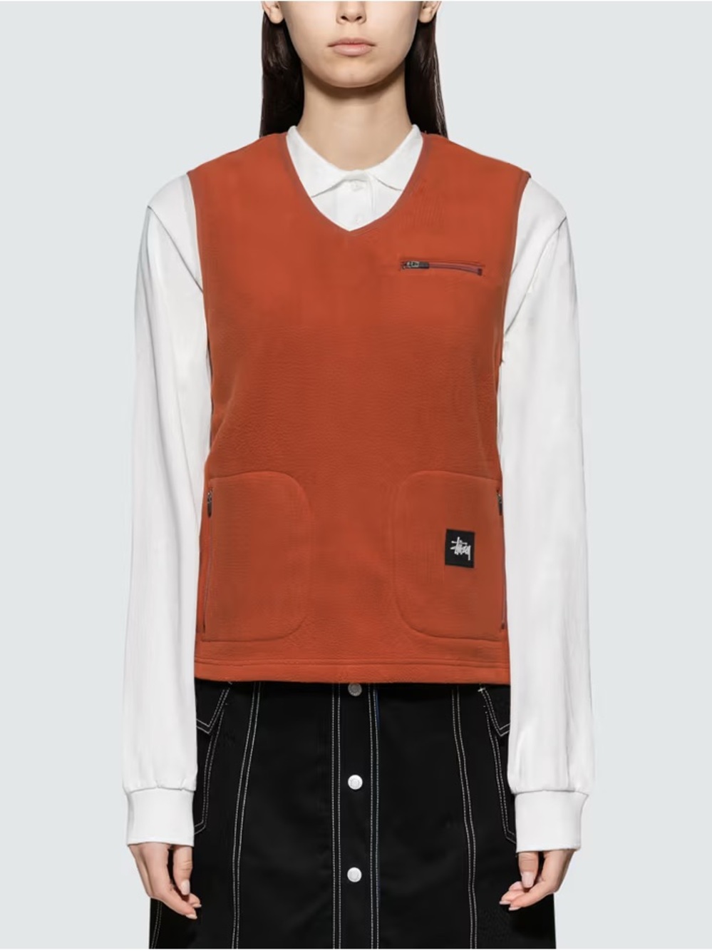 Stussy Rust Orange V-Neck Utility Sweater Fleece Vest